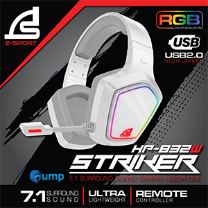 Signo E-Sport HP-832 Striker RGB 7.1 Surround Sound Gaming Headphone - White