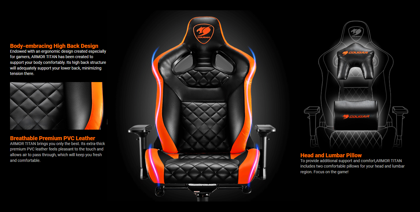 Cougar Armor Black Gaming Chair with Breathable Premium PVC Leather and  Body-embracing High Back Design 